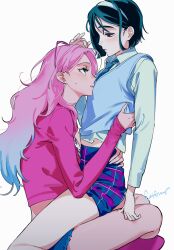 Rule 34 | 2girls, alien stage, black hair, blue hair, blue necktie, blue skirt, blue vest, bob cut, commentary, eyewear on head, gradient hair, green eyes, hairband, hand on another&#039;s head, hand on another&#039;s waist, highres, jacket, long hair, mizi (alien stage), multicolored hair, multiple girls, necktie, official alternate costume, pencil skirt, pink-framed eyewear, pink jacket, plaid clothes, plaid skirt, purple eyes, roru (lol dessin), shirt, short hair, signature, simple background, sitting, sitting on lap, sitting on person, skirt, sleeves past wrists, sua (alien stage), sunglasses, two-tone hair, vest, white background, white hairband, white shirt, yuri