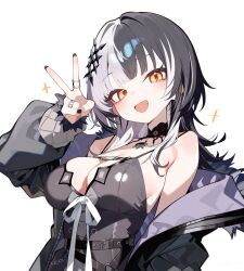 1girl black_choker black_coat black_dress black_hair black_nails breasts choker cleavage coat dress fur-trimmed_coat fur_trim grey_hair highres hololive hololive_english huge_breasts jewelry long_hair multicolored_hair open_mouth overlord_(overlord80000) ring shiori_novella shiori_novella_(1st_costume) simple_background solo two-tone_hair v virtual_youtuber white_background yellow_eyes