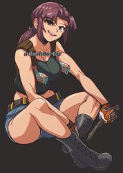 1girl balisong belt black_belt black_boots black_lagoon black_tank_top blue_shorts boots breasts brown_eyes brown_hair commentary commission counter-strike_(series) counter-strike_2 dagger desert_eagle english_commentary full_body gloves grey_background gun handgun highres holding holding_dagger holding_knife holding_weapon hugo_(rushbordie) knife large_breasts long_hair looking_at_viewer open_mouth orange_gloves revy_(black_lagoon) shorts simple_background sitting smile solo striped_clothes striped_gloves tank_top weapon