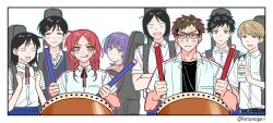 4boys 4girls :d :q :| arcade_cabinet belt black-framed_eyewear black_belt black_eyes black_hair black_sweater_vest black_undershirt blue_eyes blue_pants blue_skirt blunt_bangs blush bottle braid breast_pocket brown_eyes brown_hair closed_mouth collared_shirt commentary cousins dress_shirt drumsticks eyebrow_cut fujii_ayame futsuu_no_keion-bu glasses guitar_case hair_ornament hairpin hatono_chihiro heartbreak_(futsuu_no_keion-bu) highres holding holding_bottle holding_drumsticks hood hoodie hotategaii instrument_case instrument_case_on_back kouyama_rin long_hair looking_at_another mizuo_haruichi mole mole_under_eye multiple_boys multiple_girls neck_ribbon nervous nervous_sweating open_clothes open_mouth open_shirt pants parted_bangs pink_eyes pink_hoodie pixie_cut plastic_bottle pleated_skirt pocket protocol._(futsuu_no_keion-bu) purple_eyes purple_hair red_hair red_ribbon ribbon school_uniform shirt shirt_tucked_in short_hair short_sleeves skirt smile summer_uniform sweat sweater_vest symbol-only_commentary taguchi_ryuuya taiko_no_tatsujin taiko_sticks takami_kouki tohno_gen tongue tongue_out twin_braids twintails uchida_momo upper_body v-shaped_eyebrows white_shirt wing_collar wolf_cut