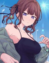 1girl black_camisole black_ribbon blue_sky blush breasts brown_eyes camisole collarbone day grey_jacket hair_ribbon hakamada_tama jacket jacket_partially_removed large_breasts looking_at_viewer natsuki_karin parted_lips purple_eyes ribbon short_twintails skirt sky solo synthesizer_v twintails upper_body