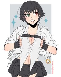 1girl artist_name black_gloves black_shorts breasts cleavage dangerousbride devil_may_cry_(series) devil_may_cry_5 fingerless_gloves gloves green_eyes grey_background heterochromia highres jacket lady_(devil_may_cry) midriff navel red_eyes shirt shorts simple_background smile white_jacket white_shirt