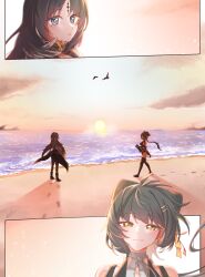 2girls antenna_hair bare_shoulders black_bow black_eyes black_hair bow closed_mouth colored_inner_hair commentary_request feather_hair female_rover_(wuthering_waves) hair_bow hair_ornament hair_ribbon hairclip highres long_hair low_ponytail mole mole_under_eye multicolored_hair multiple_girls ocean outdoors parallel_hairclips ponytail ribbon rover_(wuthering_waves) sand shore smile starblame sunset tacet_mark_(wuthering_waves) white_hair wuthering_waves yangyang_(wuthering_waves) yellow_eyes yellow_ribbon