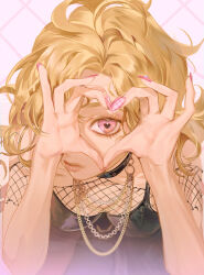 1girl absurdres black_choker black_tank_top blonde_hair chain choker closed_mouth fishnet_top fishnets four-finger_heart_hands gold_chain heart heart-shaped_pupils heart_hands highres lips long_hair looking_at_viewer nail_polish nakddidi one_eye_covered original pink_eyes pink_nails short_sleeves solo symbol-shaped_pupils tank_top