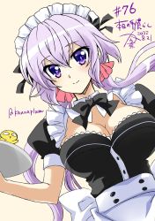 1girl 2022 ahoge apron artist_self-insert blush breasts cleavage dated hair_between_eyes hair_ornament hair_scrunchie highres holding holding_plate kanna_(plum) large_breasts light_purple_hair long_hair looking_at_viewer low_twintails maid maid_apron maid_headdress numbered painttool_sai_(medium) plate purple_eyes purple_hair scrunchie senki_zesshou_symphogear signature simple_background solo twintails twitter_username yukine_chris