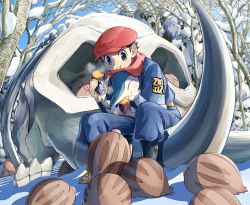 1boy :t bare_tree black_hair black_shirt blue_jacket blue_pants brown_footwear commentary cyndaquil day eating food food_on_face gen_2_pokemon gen_4_pokemon hat highres holding holding_food jacket logo male_focus mamoswine mukiguri nintendo outdoors pants pokemon pokemon_(creature) pokemon_legends:_arceus red_headwear red_scarf rei_(pokemon) roasted_sweet_potato scarf shirt shoes short_hair sitting skeleton snow steam sweet_potato swinub tree