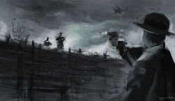 3boys aiming aircraft airplane battle battlefield biplane firing grey_sky greyscale gun handgun highres holding holding_gun holding_weapon impasto military monochrome multiple_boys original scenery sky soldier trench weapon wide_brim world_war_i youotaku