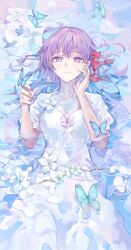 1girl absurdres afloat blacky1266859 breasts bug butterfly butterfly_on_hand cowboy_shot dress fate/stay_night fate_(series) flower from_above hair_ribbon highres insect long_hair looking_at_viewer matou_sakura purple_eyes purple_hair red_ribbon ribbon ripples short_sleeves smile solo water white_dress