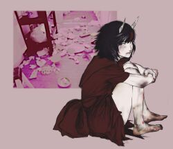 Rule 34 | 1girl, alternate costume, barefoot, black hair, bow, demon girl, demon horns, dress, dress bow, highres, horns, hugging own legs, injury, kijin seija, lips, messy hair, multicolored hair, photo inset, pink background, r birdy, realistic, red dress, red streaks, short hair, sitting, solo, streaked hair, thighs, touhou