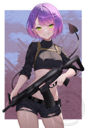 1girl alternate_costume assault_rifle black_shorts border breasts chest_harness collared_shirt commentary_request contrapposto cowboy_shot cropped_shirt demon_girl demon_tail earrings gradient_hair green_eyes grin gun hair_ornament hairclip harness highres holding holding_gun holding_weapon hololive jewelry looking_at_viewer midriff multicolored_hair nail_polish nametakeko official_alternate_hairstyle pink_hair pointy_ears purple_hair purple_nails rifle shirt short_hair short_shorts shorts sleeves_rolled_up small_breasts smile solo spiked_ear_piercing straight-on swept_bangs tail three-quarter_sleeves tokoyami_towa trigger_discipline v-shaped_eyebrows virtual_youtuber watermark weapon white_border x_hair_ornament