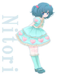 1girl alternate_costume arms_behind_back bad_id bad_pixiv_id blue_eyes blue_hair blue_socks character_name dress female_focus hair_bobbles hair_ornament heart ica kawashiro_nitori kneehighs lolita_fashion mary_janes matching_hair/eyes shoes short_hair smile socks solo touhou twintails two_side_up