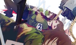 black_shorts blood blood_from_mouth blood_on_clothes blood_on_face bloody_knife bone brown_hair caution_tape chara_(undertale) clone corpse eere green_sweater holding holding_bone knife knifed leggings looking_at_viewer red_hair sans_(undertale) shorts stab striped_clothes striped_sweater sweater undertale white_background