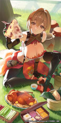 1girl absurdres artist_request bamboo_steamer bird black_gloves black_thighhighs breasts brown_hair chicken chinese_commentary chopsticks cleavage closed_mouth commentary_request cropped_shirt day eating elbow_gloves feeding food food_in_mouth food_on_face girls&#039;_frontline girls&#039;_frontline_2:_exilium gloves hair_intakes highres holding holding_chopsticks holding_food large_breasts looking_at_another medium_hair mochi official_art onigiri outdoors qiuhua_(girls&#039;_frontline_2) second-party_source shirt sitting smile solo thighhighs tree wariza white_shirt