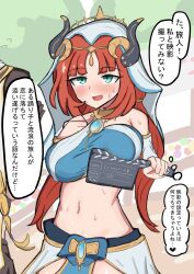 1boy 1girl aether_(genshin_impact) bare_shoulders black_horns blush breast_rest breasts clapperboard commentary_request detached_sleeves dogandparty fake_horns genshin_impact green_eyes harem_outfit highres holding horns large_breasts long_hair low_twintails midriff navel nilou_(genshin_impact) open_mouth red_hair smile solo_focus stomach sweat translation_request twintails veil white_veil