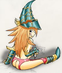 1girl ass blue_eyes blush boots breasts brown_hair duel_monster female_focus garter_belt hat kohdoku large_breasts looking_back magician&#039;s_hat magician&#039;s_valkyria nipples solo wet_fingers yu-gi-oh! yu-gi-oh!_duel_monsters