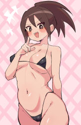 1girl bare_shoulders bikini blush breasts brown_eyes brown_hair buzzlyears collarbone female_focus finger_to_cheek highres hope_stelar_(mega_man) mature_female medium_breasts mega_man_(series) mega_man_star_force_(series) open_mouth ponytail shiny_skin swimsuit