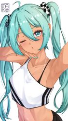 1girl absurdres ahoge aqua_eyes aqua_hair aqua_nails arm_up armpits bare_shoulders bikini_tan black_bra black_pants bra breasts commentary cropped_shirt english_commentary hair_ornament hair_scrunchie hatsune_miku highres long_hair medium_breasts midriff nail_polish one_eye_closed pants scrunchie simple_background smile solo takoroki tan tanline twintails underwear vocaloid white_background