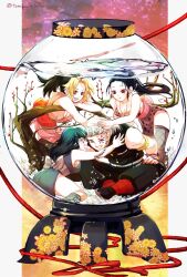 1boy 3boys 3girls air_bubble artist_name bare_shoulders black_hair black_pants black_thighhighs black_vest blonde_hair blue_kimono branch breasts bubble cleavage clenched_teeth closed_mouth collarbone dated eye_tattoo fishnet_thighhighs fishnets forehead_protector full_body green_eyes green_hair green_socks highres hinatsuru_(kimetsu_no_yaiba) hug japanese_clothes kimetsu_no_yaiba kimono kneehighs large_breasts leaning_forward long_hair looking_at_another makio_(kimetsu_no_yaiba) multicolored_hair multicolored_nails multiple_boys multiple_girls nail_polish obi one_eye_closed open_mouth orange_eyes pants parted_bangs pink_kimono ponytail profile red_eyes red_nails sash short_hair sitting sleeveless sleeveless_kimono smile socks standing suma_(kimetsu_no_yaiba) tattoo teeth thighhighs thighs tomkureson two-tone_hair uzui_tengen vest water white_hair yellow_nails
