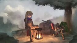 2girls animated armor campfire cooking fire food fruit helmet laughing multiple_girls outdoors pointy_ears souperior stone_wall tagme throwing unworn_headwear unworn_helmet video