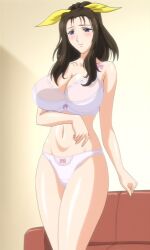 Rule 34 | 00s, 1girl, 2008, anime screenshot, aunt, bra, breasts, brown hair, dress, hair ribbon, high ponytail, housewife, large breasts, lingerie, long hair, mature female, panties, ponytail, purple eyes, ribbon, saiminjutsu 2, standing, stitched, tagme, takase shino, third-party edit, underwear, yellow hair ribbon, yellow ribbon