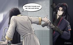 2boys 4indroid black_coat black_gloves black_hair blue_coat brothers coat gloves gun handgun high_ponytail highres holding holding_gun holding_weapon hong_lu_(project_moon) id_card indoors jia_huan_(project_moon) limbus_company long_hair long_sleeves meme mirror multiple_boys ponytail project_moon revolver robe siblings sink very_long_hair weapon white_robe