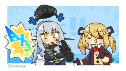 ! !! 2girls black_jacket blonde_hair blue_jacket border breasts closed_eyes english_text explosive eyepatch girls&#039;_frontline girls&#039;_frontline_2:_exilium gloves green_eyes grenade grey_hair hand_up highres hk416_(girls&#039;_frontline) jacket klukai_(girls&#039;_frontline_2) large_breasts lcron long_hair multicolored_jacket multiple_girls musical_note off_shoulder open_clothes open_jacket open_mouth partially_fingerless_gloves ponytail shirt skorpion_(girls&#039;_frontline) speech_bubble speech_stab teardrop_facial_mark twintails twitter_username two-tone_jacket upper_body white_border white_jacket yellow_shirt