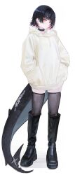 1girl absurdres alternate_costume black_boots black_choker black_hair black_thighhighs boots choker commentary ellen_joe fins fish_tail flippy_(cripine111) full_body hand_in_pocket hands_in_pockets highres looking_at_viewer red_eyes shark_girl shark_tail simple_background solo sweater tail thigh_boots thighhighs white_background white_sweater zenless_zone_zero