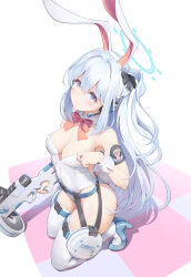 1girl alternate_costume animal_ear_hairband animal_ears bare_shoulders belt black_bow blue_archive blue_halo blush bow bowtie braid breasts buckle checkered_floor cleavage closed_mouth commentary detached_collar drum_magazine fake_animal_ears fake_tail from_above gun hair_between_eyes hair_bow hair_ornament hairband halo hand_up head_tilt headset high_heels highres holding holding_gun holding_weapon kneeling leotard long_hair looking_at_viewer magazine_(weapon) medium_breasts miyako_(blue_archive) one_side_up pinakes playboy_bunny purple_eyes rabbit_ears rabbit_tail red_bow red_bowtie red_dot_sight side_braid sidelocks snap-fit_buckle solo strap strapless strapless_leotard submachine_gun suomi_kp/-31 tail thigh_strap thighs tile_floor tiles trigger_discipline very_long_hair weapon white_background white_hair white_wrist_cuffs wrist_cuffs