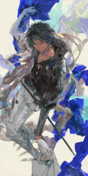 Rule 34 | 1boy, absurdres, arknights, black hair, black shirt, blue scarf, commentary, dark-skinned male, dark skin, english commentary, frown, gloves, highres, ichika (ichika87), jewelry, looking at viewer, male focus, necklace, open clothes, open shirt, pants, pectorals, scarf, sheath, sheathed, shirt, solo, sword, thorns (arknights), thorns the lodestar (arknights), weapon, white background, white gloves, white pants, yellow eyes