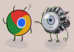 Rule 34 | androgynous, blue eyes, creature, crossover, full body, google chrome, highres, houseki no kuni, kongou&#039;s brother (houseki no kuni), looking at another, nukumorineko, one-eyed, other focus, reaching, simple background, surprised