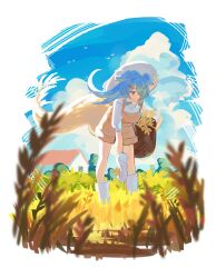 :&gt; absurdres alternate_costume basket blue_eyes blue_hair blue_sky blurry blurry_foreground boots brown_overalls bush closed_mouth cloud cloudy_sky day diamond-shaped_pupils diamond_(shape) dragon_girl dragon_tail elira_pendora farmer floating_hair full_body gloves hair_ornament hair_over_one_eye hairclip hat head_wings highres holding holding_basket house long_hair multicolored_hair nijisanji nijisanji_en nrnmarie outdoors overall_shorts overalls shirt short_sleeves simple_bird sky smile standing sun_hat symbol-shaped_pupils tail tree twitter_username two-tone_hair wheat wheat_field white_boots white_gloves white_hat white_shirt white_streaks white_tail wings