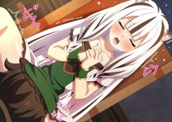 1girl animal_ears atla_fayon black_hair blunt_bangs blush bracelet censored chair closed_eyes collarbone commentary_request cunnilingus dbmaster dress dutch_angle green_dress hands_up heavy_breathing highres iwatani_naofumi jewelry loli long_hair mosaic_censoring multicolored_hair no_panties off-shoulder_dress off_shoulder open_mouth oral own_hands_together paid_reward_available pussy saliva short_sleeves sitting solo_focus spread_legs streaked_hair tate_no_yuusha_no_nariagari tiger_ears tiger_girl trembling variant_set white_hair