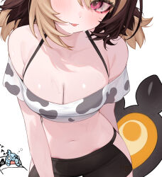 Rule 34 | 1girl, :p, alternate breast size, animal print, bare shoulders, bike shorts, black shorts, blonde hair, breasts, brown hair, cleavage, cow print, gigi murin, grem (gigi murin), head out of frame, highres, hip vent, hololive, hololive english, hoshi usagi, large breasts, looking at viewer, midriff, multicolored hair, navel, off-shoulder shirt, off shoulder, pink eyes, print shirt, shirt, short hair, short shorts, short sleeves, short twintails, shorts, simple background, solo, tail, tongue, tongue out, twintails, two-tone hair, virtual youtuber, white background, white shirt