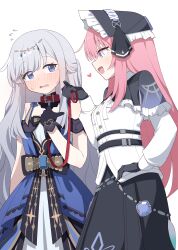 2girls absurdres adina_savic animal_collar bare_shoulders black_bonnet black_bow black_gloves black_skirt black_survival blue_dress blue_eyes blue_gemstone blunt_bangs blush bonnet bow buttons charlotte_(black_survival) collar commentary detached_collar dress eternal_return:_black_survival flying_sweatdrops frills gem gloves gold_trim grey_hair hagoonha hand_on_own_chest hand_on_own_hip hand_up heart highres holding holding_leash leash long_hair long_sleeves looking_at_another multiple_girls open_mouth pink_hair purple_eyes purple_gemstone shirt simple_background skirt sleeveless sleeveless_dress standing sweat two-tone_dress wavy_mouth white_background white_shirt yuri