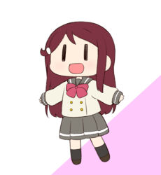 Rule 34 | 1girl, black eyes, bow, bowtie, buttons, chibi, grey sailor collar, grey skirt, hair ornament, loafers, long hair, long sleeves, love live!, love live! sunshine!!, miyako hito, necktie, pleated skirt, red bow, red bowtie, red hair, red necktie, sailor collar, sakurauchi riko, school uniform, serafuku, shoes, simple background, skirt, socks, solo, uranohoshi school uniform, white background, winter uniform