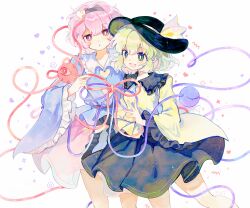 2girls absurdres black_hairband black_hat blue_shirt blush bright_pupils buttons collared_shirt commentary contrast_collar diamond_button english_commentary eyeball frilled_shirt_collar frilled_sleeves frills green_eyes green_hair green_skirt hair_ornament hairband hat hat_ribbon heart heart_button heart_hair_ornament heart_of_string highres komeiji_koishi komeiji_satori long_sleeves multiple_girls open_mouth pink_hair pink_skirt red_eyes ribbon shirt short_hair skirt third_eye touhou white_pupils wide_sleeves yellow_ribbon yellow_shirt youshouhaoxianzhe