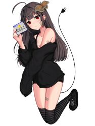 1girl ahoge bandaid bandaid_on_arm bandaid_on_thigh black_bra black_footwear black_jacket black_nails black_thighhighs bra breasts brown_hair butterfly_hair_ornament cable cable_tail closed_mouth coat ear_piercing earrings electric_plug electric_plug_tail emoticon fingernails hair_intakes hair_ornament heart highres holding jacket jewelry light_frown long_hair looking_at_viewer mechanical_tail medium_breasts microsoft_windows mole mole_under_eye original piercing red_eyes ringed_eyes simple_background single_bare_shoulder smiley_face solo striped_clothes striped_thighhighs tail thighhighs thighs transparent_background underwear vickie_(cryingrobot) vickie_(cryingrobot)_(character) white_background window_(computing) windows_xp