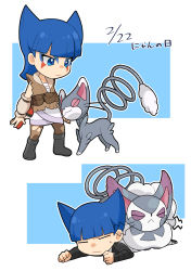 1boy 1girl blue_eyes blue_hair blunt_bangs boots brown_bag brown_vest cat chibi closed_eyes closed_mouth coin_(pokemon) commentary_request creatures_(company) dated facial_mark game_freak gen_4_pokemon glameow highres kono2noko long_hair nintendo outline pokemon pokemon_(creature) pokemon_dppt pokemon_legends:_arceus pokemon_on_back purugly saturn_(pokemon) skirt standing team_galactic vest