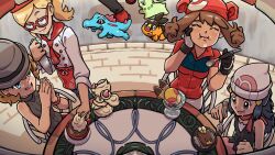 Rule 34 | 4girls, :d, ^, alcremie, alcremie (strawberry sweet), bandana, black shirt, blonde hair, blue eyes, blue hair, bracelet, breasts, brown hair, chikorita, closed eyes, dawn (pokemon), drooling, eating, fisheye, from above, gen 2 pokemon, gen 5 pokemon, gen 8 pokemon, glasses, grey hat, grey sweater, hair ornament, hairclip, hand on own cheek, hand on own face, hat, highres, holding, holding spoon, jacket, jewelry, leah (pokemon), long hair, low twintails, may (pokemon), multiple girls, neckerchief, nintendo, open mouth, otakuman, paxton (pokemon), poke ball print, pokemon, pokemon (anime), pokemon (creature), pokemon cafe remix, pokemon dppt (anime), pokemon journeys, pokemon legends: z-a, pokemon rse (anime), ponytail, print hat, red-framed eyewear, red bandana, red jacket, red neckerchief, ribbed sweater, serena (pokemon), shirt, short sleeves, sleeveless, sleeveless shirt, sleeveless sweater, small breasts, smile, spoon, sweater, tepig, totodile, twintails, white hat