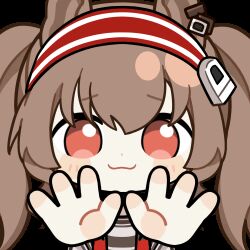 1girl angelina_(arknights) animal_ears animated animated_gif arknights black_choker blush brown_hair chinese_commentary choker chunye_haruya coat commentary_request disembodied_hand dot_nose earpiece fox_ears hair_between_eyes hairband infection_monitor_(arknights) jacket looking_at_viewer lowres material_growth open_clothes open_coat open_jacket pov reaching reaching_towards_viewer red_eyes red_hairband red_jacket second-party_source smile solo striped_clothes striped_hairband transparent_background twintails two-tone_hairband white_coat