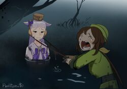 2girls absurdres animal_ears artist_name bare_tree blunt_bangs bow bowtie brown_hair closed_eyes commentary crying crying_with_eyes_open dirty dirty_clothes ear_bow english_commentary furrowed_brow gold_ship_(umamusume) green_hat green_jacket grey_hair hat hayakawa_tazuna highres holding holding_leash horse_ears horse_girl horse_tail jacket leash long_hair long_sleeves multiple_girls parody philtomato pillbox_hat purple_bow purple_bowtie purple_eyes sailor_collar sailor_shirt scarf scene_reference school_uniform shirt tail tears the_neverending_story tracen_school_uniform tree umamusume wetland
