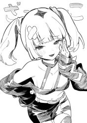 1girl absurdres bare_shoulders blush breasts commentary_request coral_(pokemon) cowboy_shot ddal fang furrowed_brow greyscale hair_ornament hand_on_own_hip hand_up highres looking_at_viewer mesugaki monochrome navel nintendo parted_lips pokemon pokemon_(anime) pokemon_horizons short_twintails simple_background sketch sleeves_past_wrists small_breasts solo twintails whispering white_background x_hair_ornament