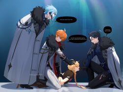 4boys absurdres aether_(genshin_impact) ahoge biting black_gloves black_hair blonde_hair blue_bodysuit blue_eyes blue_hair bodysuit braid brown_shirt dottore_(genshin_impact) english_text biting_finger fur genshin_impact gloves grey_jacket grey_pants hair_between_eyes highres jacket jewelry long_hair long_sleeves male_focus mask multiple_boys orange_hair oxygen_(0220) pantalone_(genshin_impact) pants shirt short_hair single_braid smile speech_bubble tartaglia_(genshin_impact) yaoi yellow_eyes