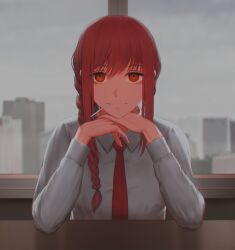 1girl absurdres blurry blurry_background braid braided_ponytail chainsaw_man cityscape closed_mouth cloud cloudy_sky collared_shirt commentary english_commentary grey_sky hair_between_eyes highres lollipop_in_mouth long_hair looking_at_viewer makima_(chainsaw_man) necktie numanoan own_hands_together red_eyes red_hair red_necktie shirt sidelocks sky solo upper_body white_shirt