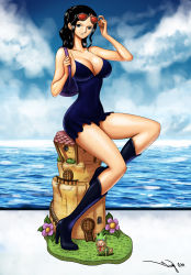 1boy 1girl black_footwear black_hair blue_eyes boots breasts cleavage cloud day dress dwarf eyewear_on_head glasses high_heel_boots high_heels huge_breasts iury_padilha knee_boots leo_(one_piece) long_hair looking_at_viewer mini_person miniboy nico_robin nico_robin_(dressrosa) one_piece sand_castle sand_sculpture shiny_skin smile sunglasses water