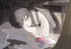 1boy against_table bags_under_eyes black_hair broken_mirror circular_mirror closed_eyes crossed_arms desk falling_petals highres jacket jacket_on_shoulders leaning_forward light_particles limbus_company male_focus mirror pencil petals project_moon shirt sleeping sleeping_on_desk sleeves_rolled_up snn_shq solo sunlight suspenders swept_bangs too_many_papers white_shirt window_shadow yi_sang_(project_moon)