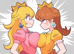2girls blonde_hair blue_brooch blue_eyes breast_press brown_hair crown dress earrings elbow_gloves flipped_hair flower_earrings frills from_side frown glaring gloves grey_background highres jewelry kurachi_mizuki long_hair mario_(series) medium_hair multiple_girls nintendo orange_dress parted_bangs pink_dress princess_daisy princess_peach puffy_short_sleeves puffy_sleeves short_sleeves smile sphere_earrings symmetrical_docking v-shaped_eyebrows white_gloves yuri