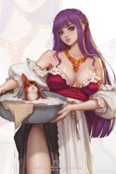 1girl amber_(gemstone) apron basin black_skirt blondynkitezgraja breasts breasts_apart commentary cowboy_shot dress english_commentary fern_(sousou_no_frieren) gem highres jewelry large_breasts light_smile lips long_hair necklace off_shoulder parted_lips polish_clothes purple_eyes purple_hair rabbit red_dress side_slit skirt solo sousou_no_frieren waist_apron white_apron zoom_layer