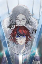 2boys aotsuki_eito black_gloves black_streaks blue_eyes glasses gloves grey_hair highres holding holding_bars hood jacket leaning leaning_on_person lens_flare looking_at_another male_focus multicolored_hair multiple_boys one_eye_closed purple_eyes red_hair short_hair smile streaked_hair sumino_takumi sweat sweatdrop the_hundred_line_-last_defense_academy- white_jacket youshi1201