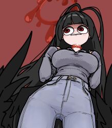 Rule 34 | 1girl, antenna hair, black hair, black wings, blood, blood halo, blue archive, breasts, choker, denim, from below, grey pants, grey shirt, halo, high-waist pants, highres, jeans, liquid halo, long hair, medium breasts, pants, red background, red choker, red eyes, shirt, solo, sonwooang, tsurugi (blue archive), wings